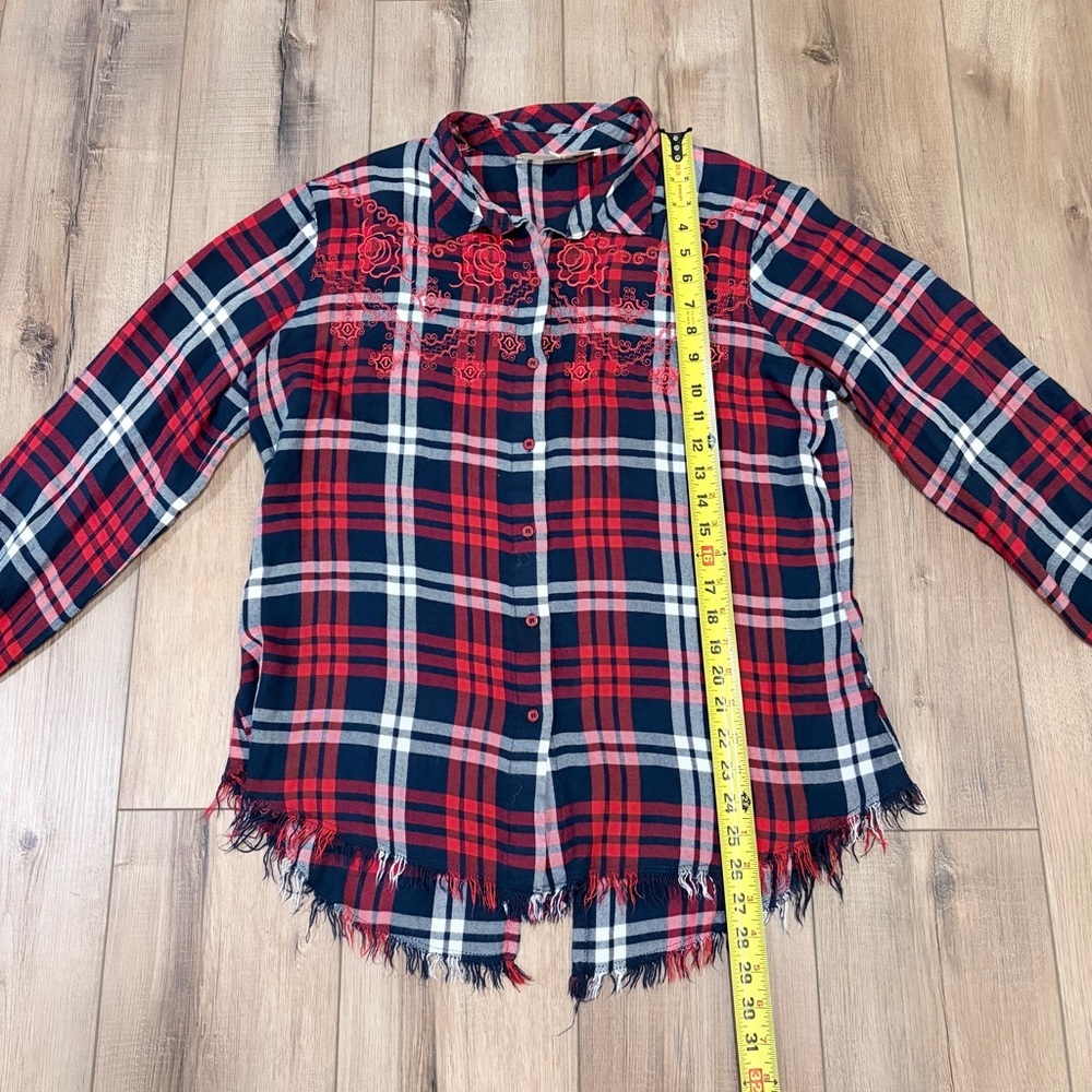Sheryl Crow Plaid Shirt L Western Core Fringe Hem Embroidered Boho Festival - Picture 8 of 9